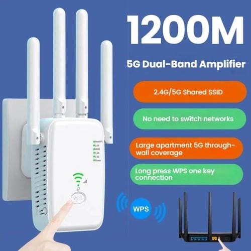 Repetidor Inalámbrico Urant U11 1200 Mbps 2,4G y 5,8G Amplificador Señal WIFI Compatible WPS Enchufe Europeo (Negro)