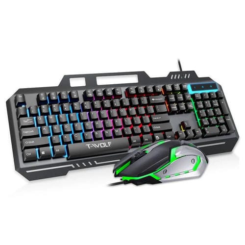 Combo Teclado y Ratón T-Wolf TF600 Retroiluminado con Cable 104 Teclas Panel Metálico Soporte para Teléfono (Negro)
