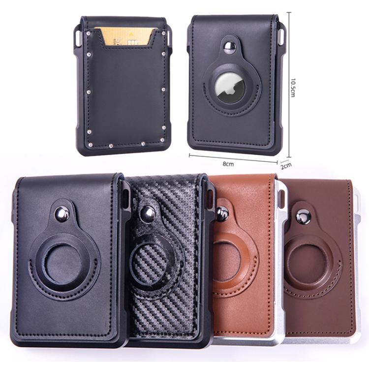 Cartera metálica de piel de vaca para tarjetas de crédito, ranura para AirTag, RFID, antirrobo (café)