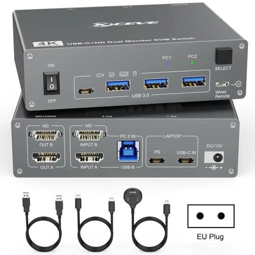 Conmutador KVM KVEVE KC-KVM202CH USB 3.0 con dos monitores, 4K, 60 Hz, enchufe de la UE