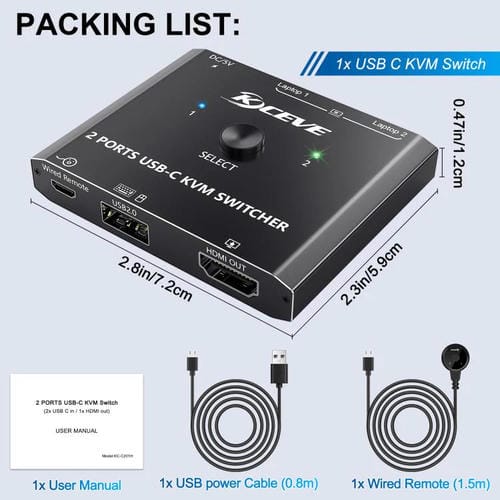 Conmutador KVM KCEVE KC-C201H 2 entradas tipo C 1 salida 4K 60 Hz