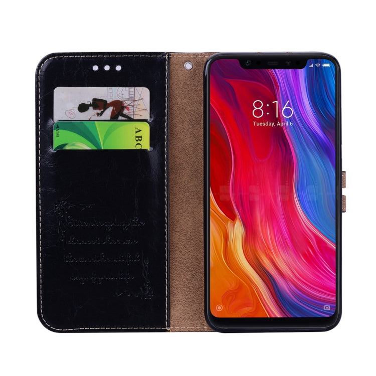 Estuche de Cuero con Tapa Horizontal con Textura de Cera de Aceite de Estilo Empresarial para Xiaomi Mi 8, con Soporte, Ranuras para Tarjetas y Billetera (Negro)