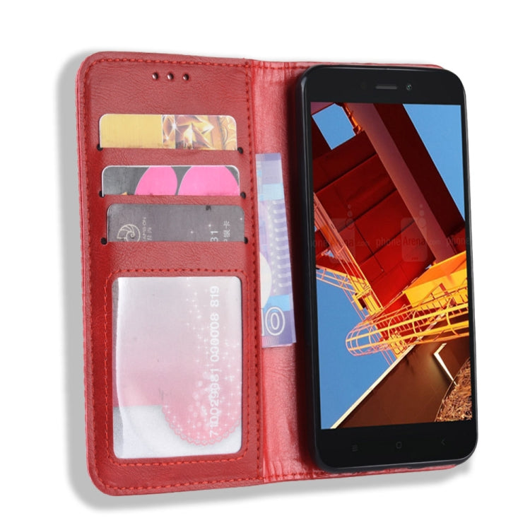 Estuche de Cuero con Tapa Horizontal con Textura Retro y Hebilla Magnética para Xiaomi Redmi Go, con Soporte, Ranuras para Tarjetas y Billetera (Rojo)