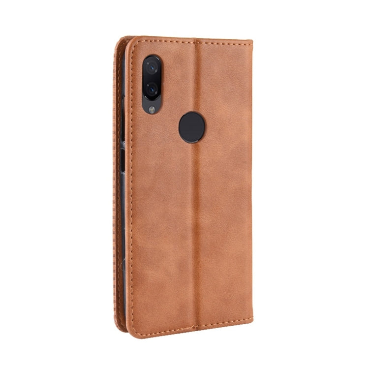 Estuche de Cuero con Tapa Horizontal con Textura Retro y Hebilla Magnética para Xiaomi Redmi Note 7, con Soporte, Ranuras para Tarjetas y Billetera (Marrón)