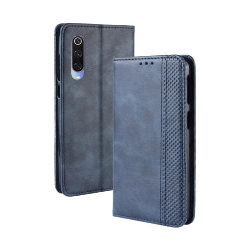 Estuche de Cuero con Tapa Horizontal con Textura Retro y Hebilla Magnética para Xiaomi Mi 9, con Soporte, Ranuras para Tarjetas y Billetera (Azul)