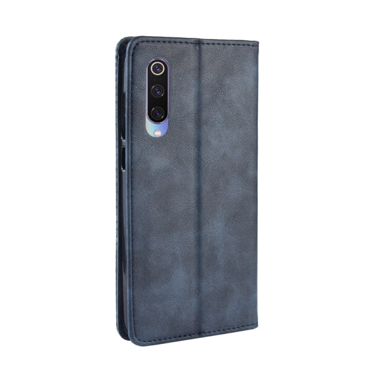 Estuche de Cuero con Tapa Horizontal con Textura Retro y Hebilla Magnética para Xiaomi Mi 9, con Soporte, Ranuras para Tarjetas y Billetera (Azul)