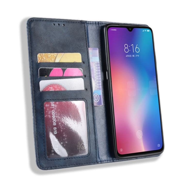 Estuche de Cuero con Tapa Horizontal con Textura Retro y Hebilla Magnética para Xiaomi Mi 9, con Soporte, Ranuras para Tarjetas y Billetera (Azul)