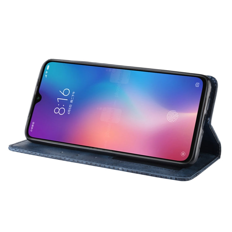 Estuche de Cuero con Tapa Horizontal con Textura Retro y Hebilla Magnética para Xiaomi Mi 9, con Soporte, Ranuras para Tarjetas y Billetera (Azul)