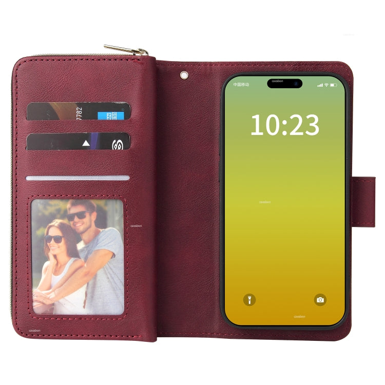 Para iPhone 15 9 Ranuras para Tarjetas Cartera con Cremallera Funda de Cuero para Teléfono (Rojo Vino) - MOVILSTORE