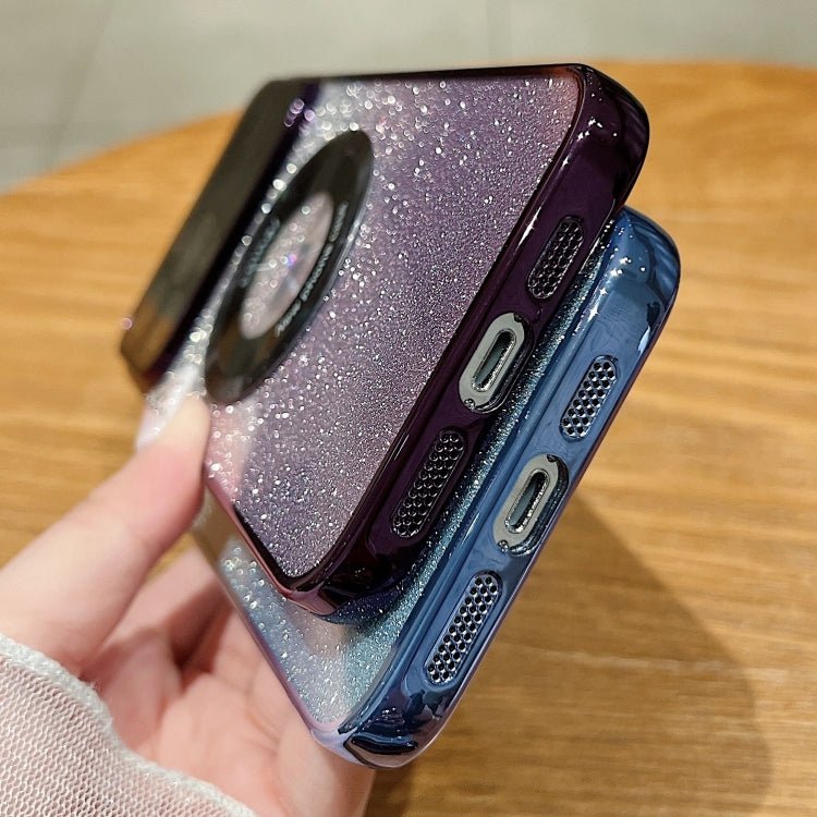Para iPhone 15 Caja de Teléfono de TPU con Galvanoplastia con Brillo Degradado Magsafe con Ventana Grande (Azul Marino) - MOVILSTORE