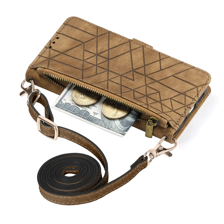 Para iPhone 15 con Cremallera Geométrica Cartera con Hebilla Lateral Funda de Cuero para Teléfono con Cordón Cruzado (Marrón) - MOVILSTORE