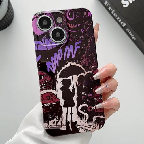 Para iPhone 15 Estuche para Teléfono con Orificio Preciso para PC con Patrón Pintado (Niño para guas Morado Negro) - MOVILSTORE