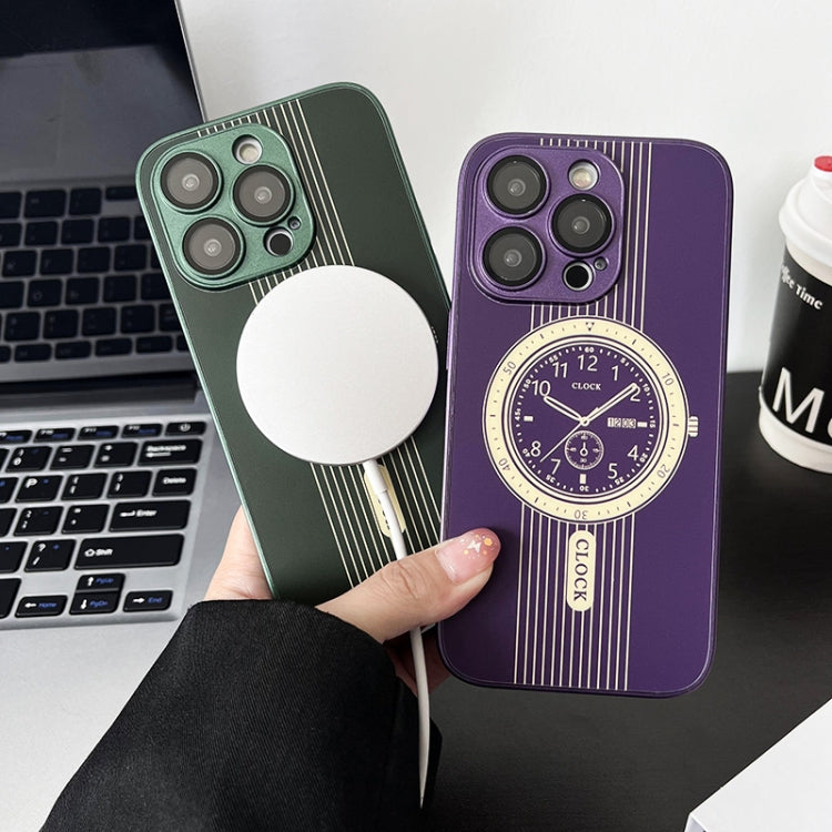Para iPhone 15 Estuche para Teléfono con Protección de Lente Magnética con Patrón de Reloj (Púrpura) - MOVILSTORE