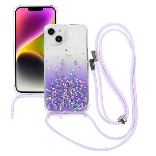 Para iPhone 15 Estuche para Teléfono de Acrílico Engrosado de TPU Epoxi con Brillo Degradado y Cordón de Cuello Redondo (Púrpura) - MOVILSTORE
