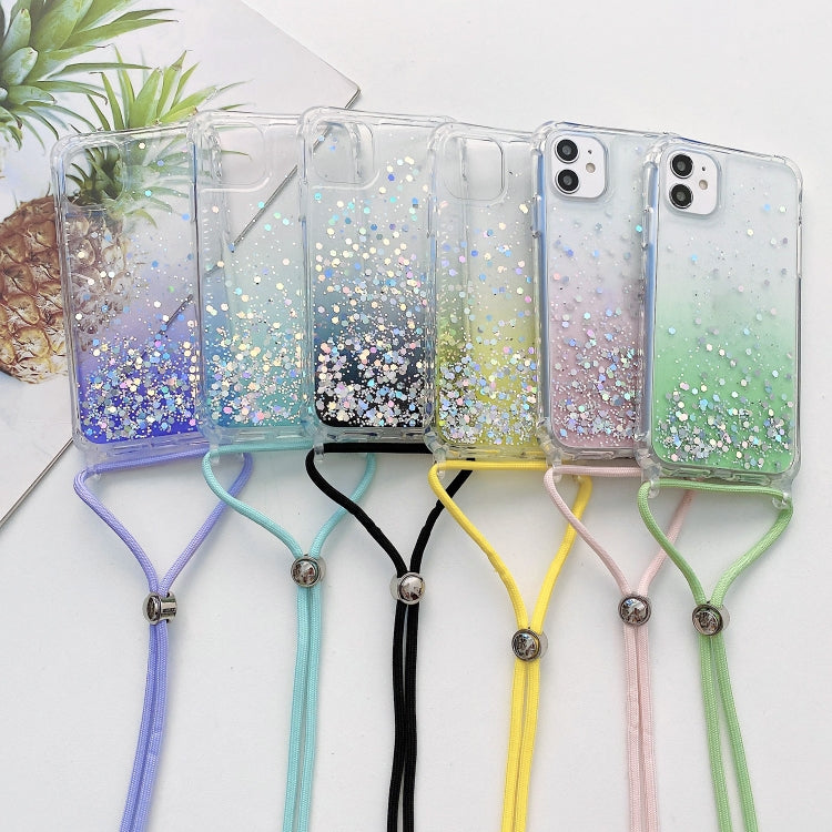 Para iPhone 15 Estuche para Teléfono de Acrílico Engrosado de TPU Epoxi con Brillo Degradado y Cordón de Cuello Redondo (Púrpura) - MOVILSTORE