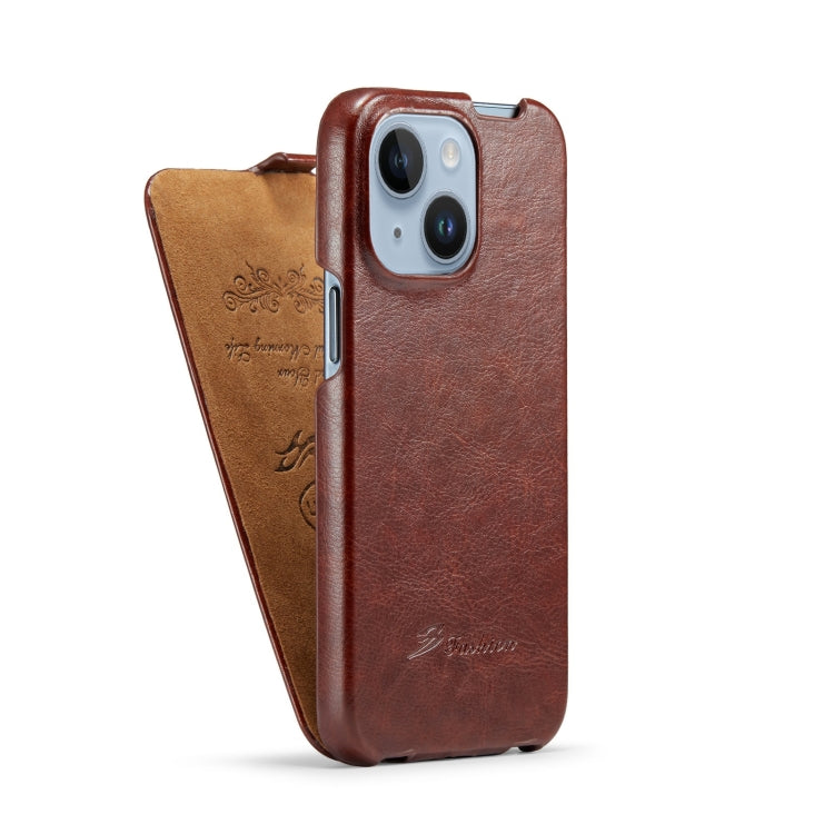 Para iPhone 15 Fierre Shann Oil Wax Texture Funda para Teléfono Pu con Tapa Vertical (Marrón) - MOVILSTORE