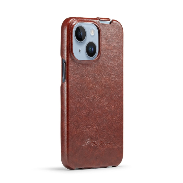 Para iPhone 15 Fierre Shann Oil Wax Texture Funda para Teléfono Pu con Tapa Vertical (Marrón) - MOVILSTORE