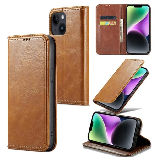 Para iPhone 15 Fierre Shann Vintage Bark Texture Wallet Funda de Cuero para Teléfono (Caqui) - MOVILSTORE