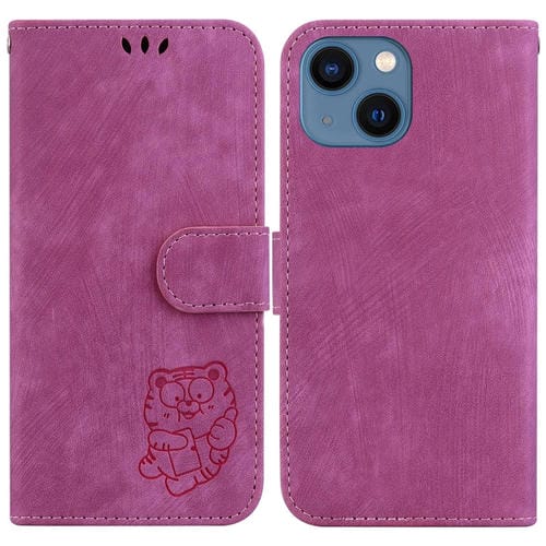 Para iPhone 15 Funda de Cuero con Relieve Little Tiger (Rojo Rosa) - MOVILSTORE