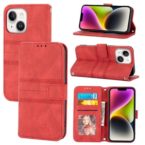 Para iPhone 15 Funda de Cuero con Sensación de Piel y Rayas En Relieve (Rojo) - MOVILSTORE