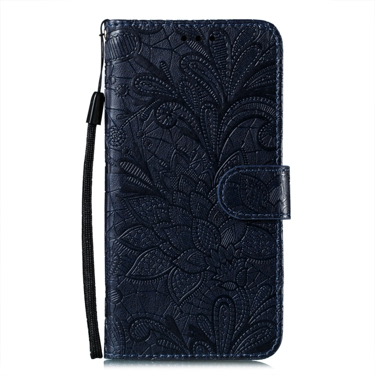 Para iPhone 15 Funda de Cuero con Tapa y Estampado de Flores de Encaje (Azul Oscuro) - MOVILSTORE