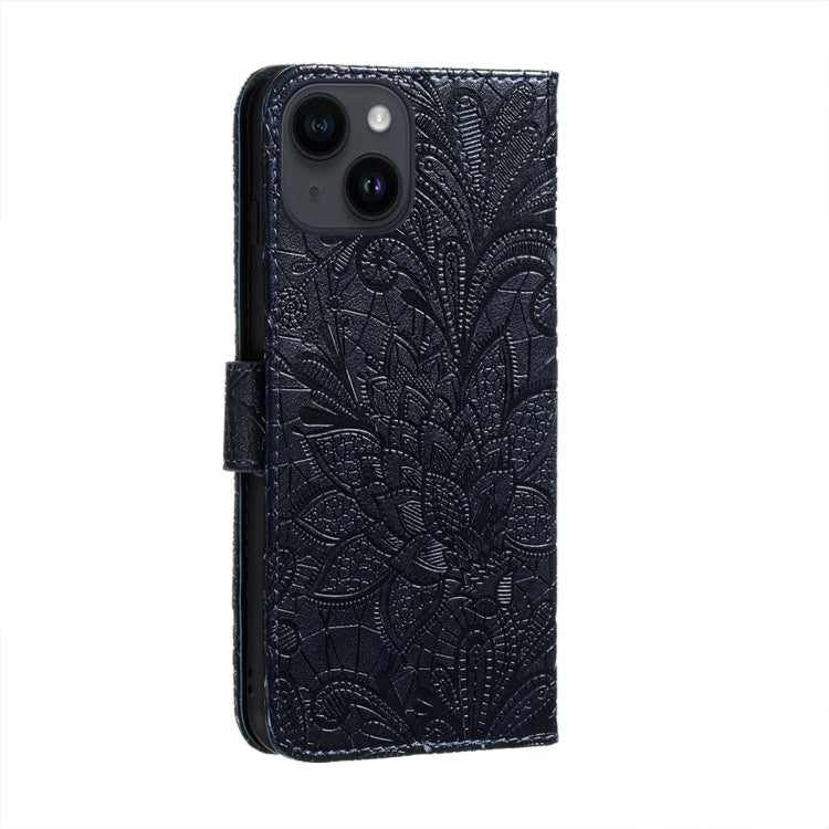 Para iPhone 15 Funda de Cuero con Tapa y Estampado de Flores de Encaje (Azul Oscuro) - MOVILSTORE