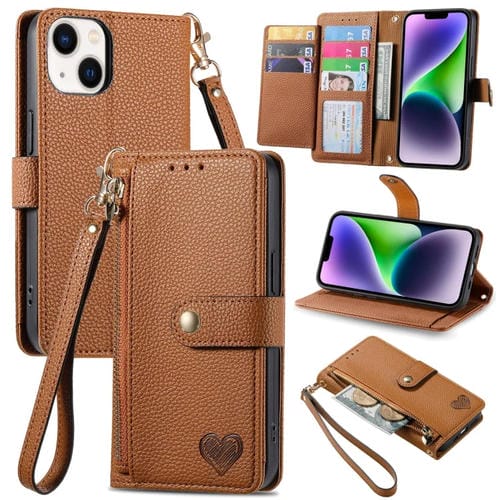 Para iPhone 15 Funda de Cuero para Teléfono con Cordón y Cremallera Love (Marrón) - MOVILSTORE