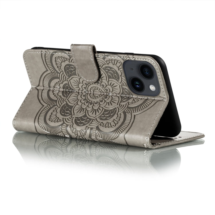 Para iPhone 15 Funda de Teléfono de Cuero con Estampado Sun Mandala (Gris) - MOVILSTORE