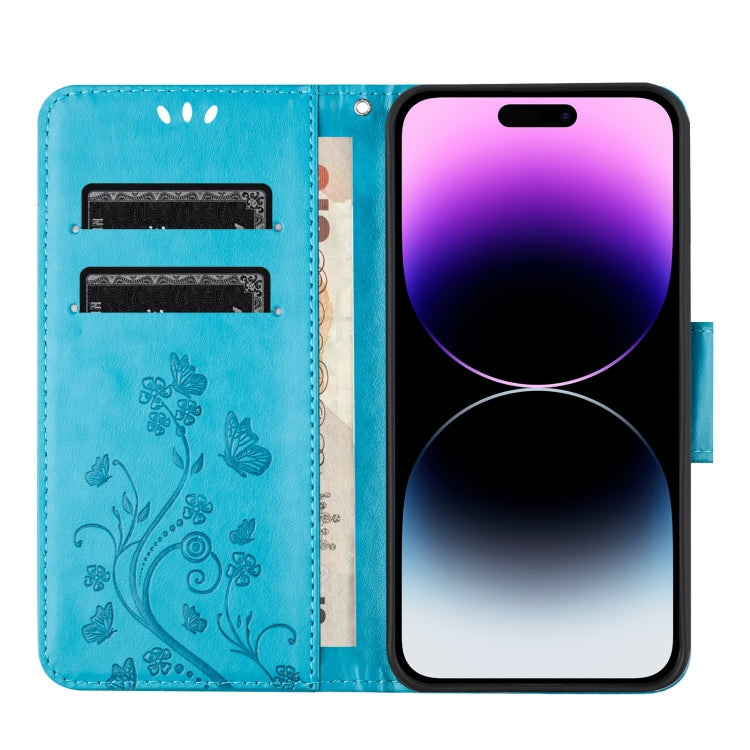 Para iPhone 15 Funda de Teléfono de Cuero con Tapa con Patrón de Flores de Mariposa (Azul) - MOVILSTORE