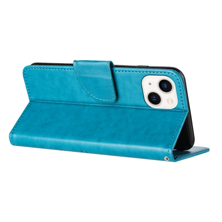 Para iPhone 15 Funda de Teléfono de Cuero con Tapa con Patrón de Flores de Mariposa (Azul) - MOVILSTORE