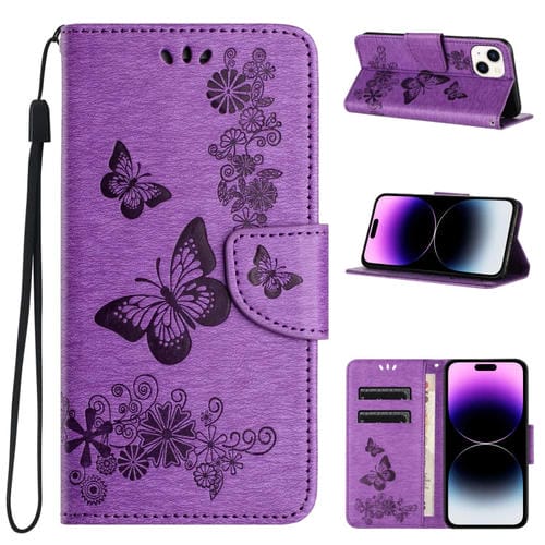 Para iPhone 15 Funda de Teléfono de Cuero con Tapa En Relieve de Mariposa (Púrpura) - MOVILSTORE