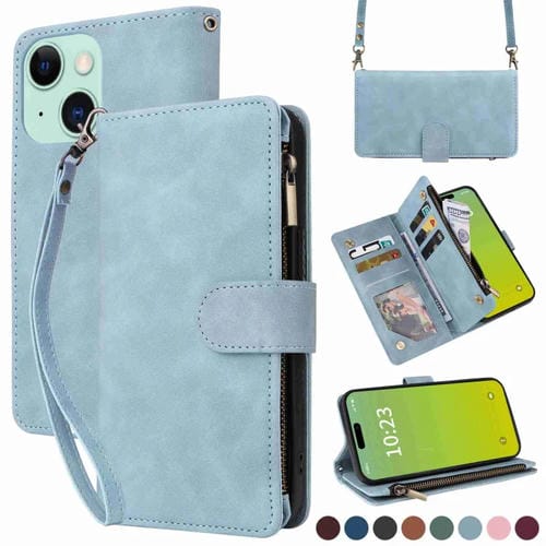 Para iPhone 15 Funda para Teléfono de Cuero con Cremallera y Ranura para Múltiples Tarjetas Cruzadas (Azul Claro) - MOVILSTORE
