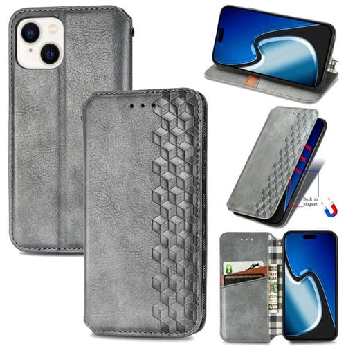 Para iPhone 15 Funda para Teléfono de Cuero Magnético Prensado con Rejilla Cúbica (Gris) - MOVILSTORE