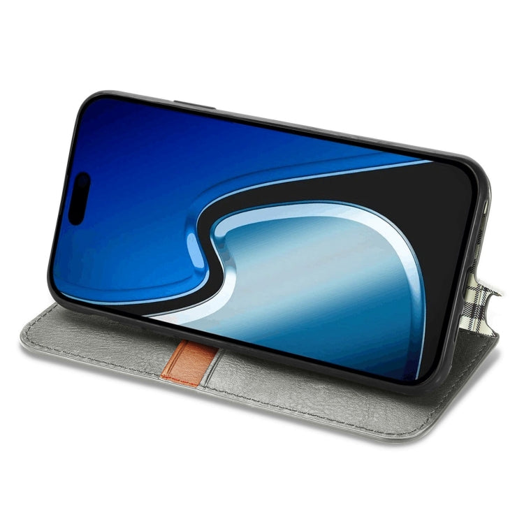 Para iPhone 15 Funda para Teléfono de Cuero Magnético Prensado con Rejilla Cúbica (Gris) - MOVILSTORE
