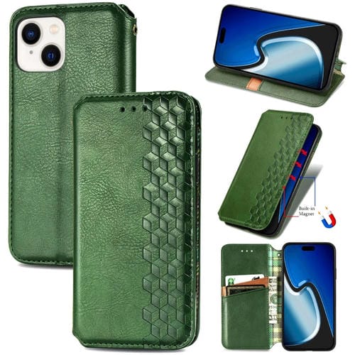 Para iPhone 15 Funda para Teléfono de Cuero Magnético Prensado con Rejilla Cúbica (Verde) - MOVILSTORE