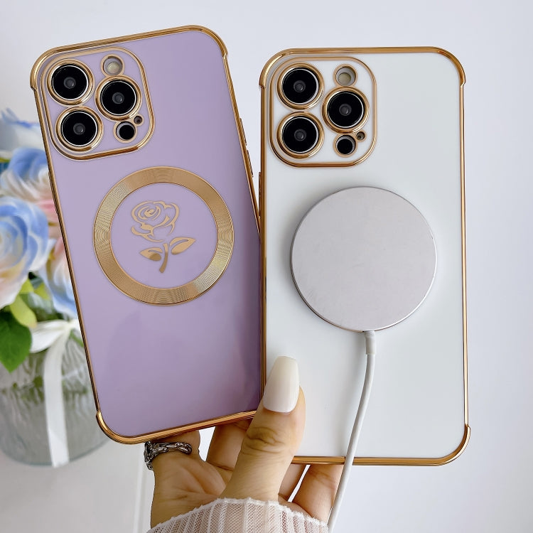 Para iPhone 15 Funda para Teléfono Magsafe con Flores y Rosas Laterales Electrochapadas (Púrpura Oscuro) - MOVILSTORE