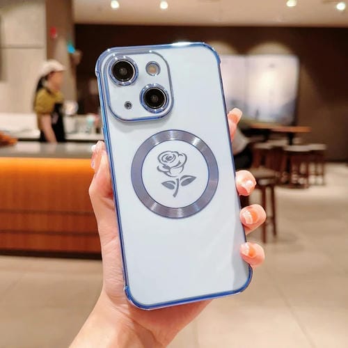 Para iPhone 15 Funda para Teléfono Magsafe con Flores y Rosas Laterales Galvanizadas (Azul) - MOVILSTORE