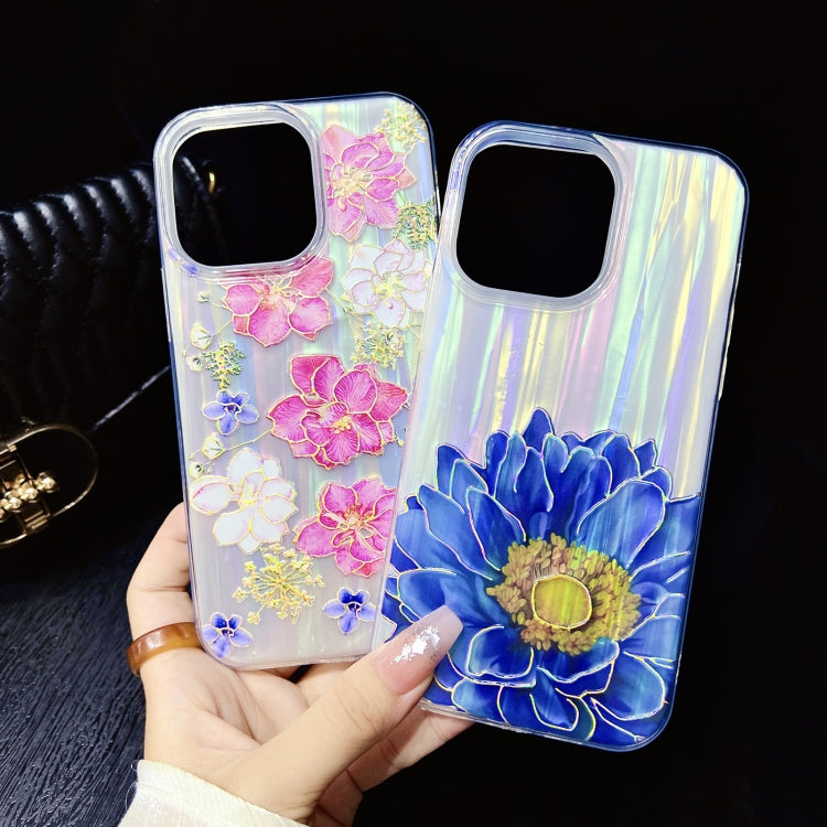 Para iPhone 15 Funda para Teléfono TPU + PC con Película de Color Galvanizada (Flores Azules) - MOVILSTORE