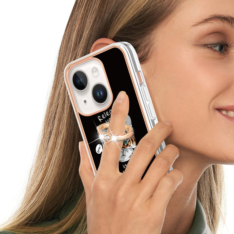 Para iPhone 15 Galvanoplastia Caja de Teléfono Imd de Doble Cara con Soporte para Anillo (Crecimiento Natural) - MOVILSTORE