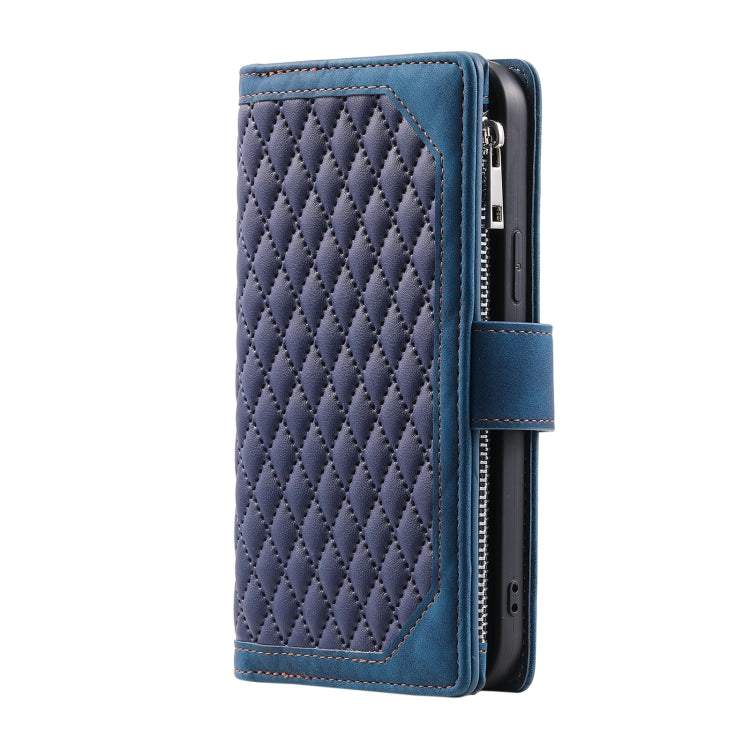 Para iPhone 15 Grid Texture Funda de Cuero con Cremallera para Teléfono con Cordón (Azul) - MOVILSTORE