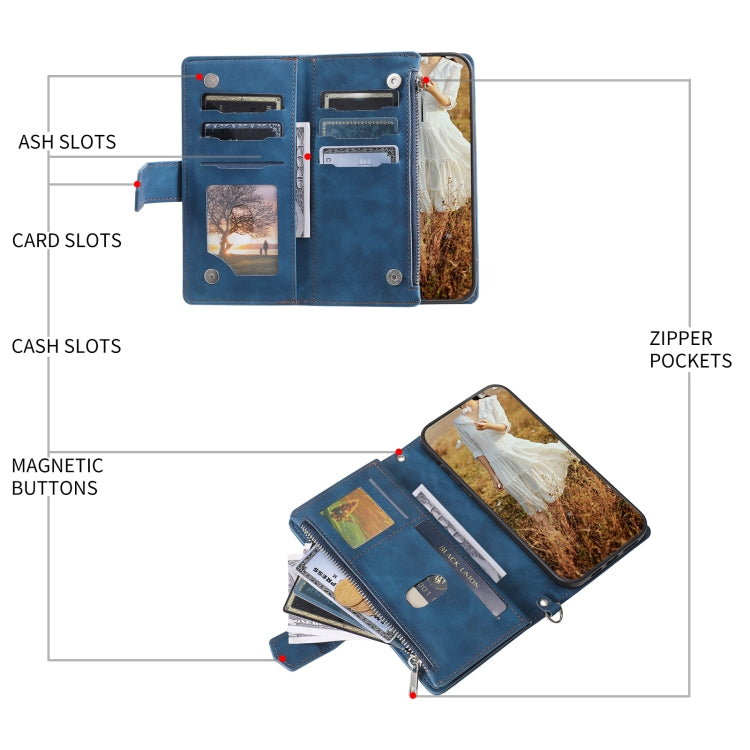 Para iPhone 15 Grid Texture Funda de Cuero con Cremallera para Teléfono con Cordón (Azul) - MOVILSTORE