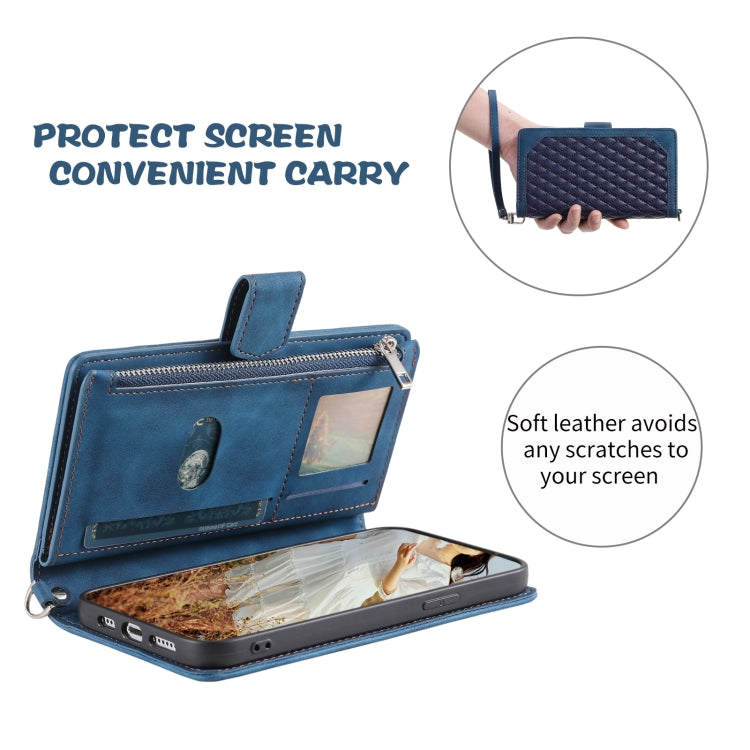 Para iPhone 15 Grid Texture Funda de Cuero con Cremallera para Teléfono con Cordón (Azul) - MOVILSTORE