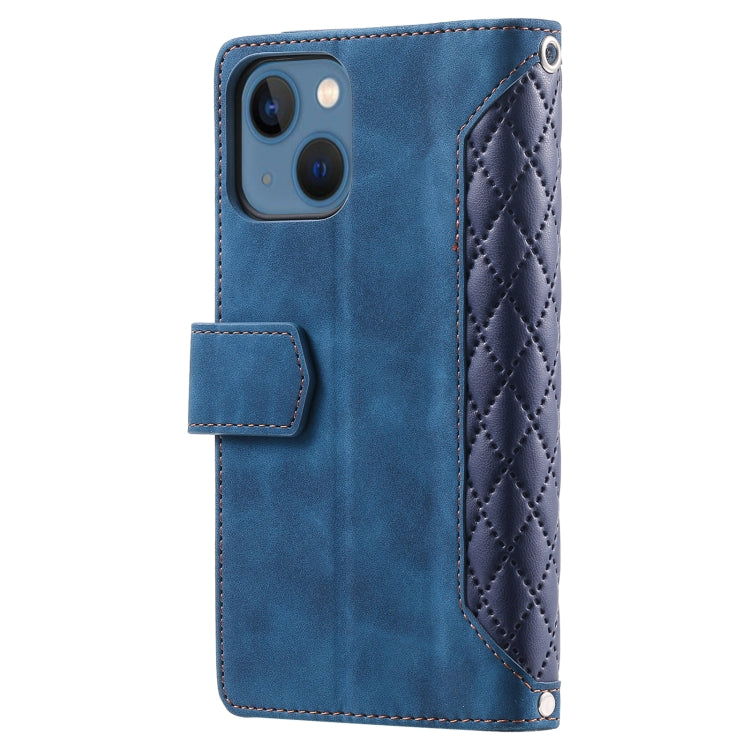 Para iPhone 15 Grid Texture Funda de Cuero con Cremallera para Teléfono con Cordón (Azul) - MOVILSTORE