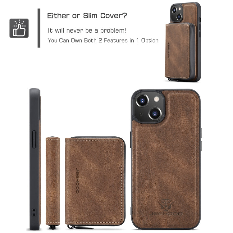 Para iPhone 15 Jeehood Funda de Cuero para Teléfono con Billetera con Cremallera Magnética (Marrón) - MOVILSTORE