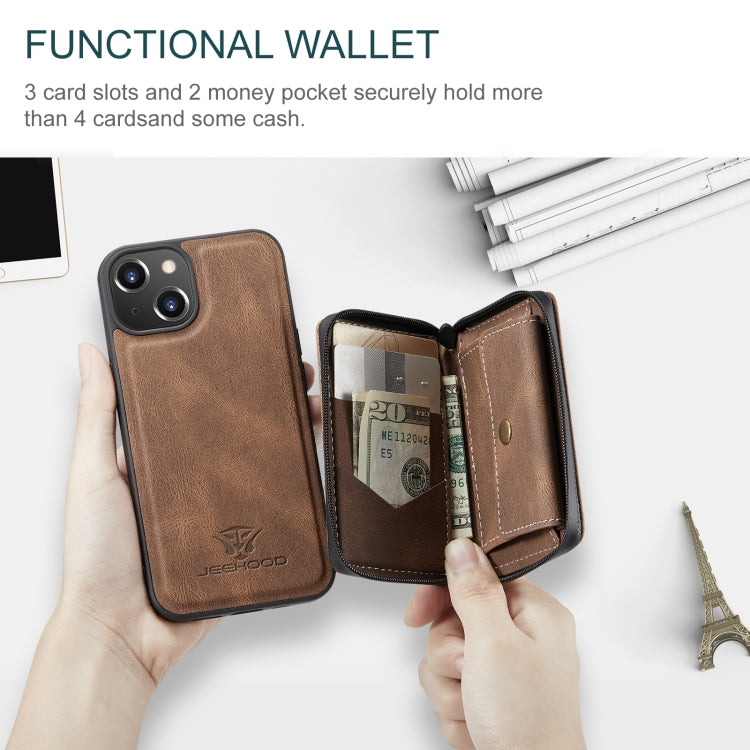 Para iPhone 15 Jeehood Funda de Cuero para Teléfono con Billetera con Cremallera Magnética (Marrón) - MOVILSTORE