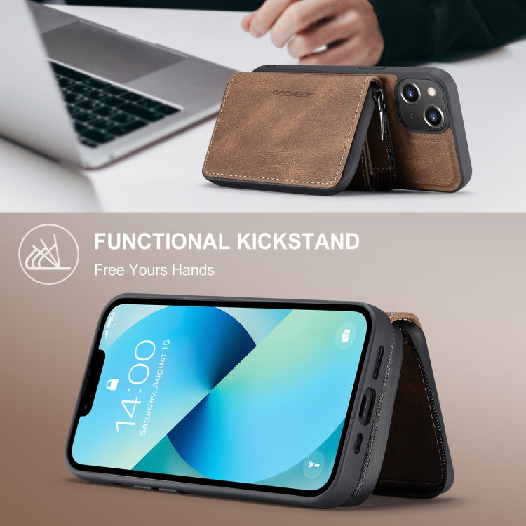 Para iPhone 15 Jeehood Funda de Cuero para Teléfono con Billetera con Cremallera Magnética (Marrón) - MOVILSTORE