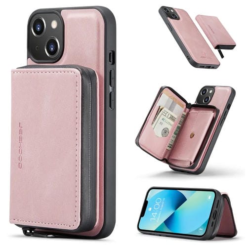 Para iPhone 15 Jeehood Funda de Cuero para Teléfono con Billetera con Cremallera Magnética (Rosa) - MOVILSTORE