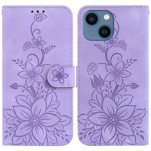Para iPhone 15 Lily Funda de Cuero En Relieve para Teléfono (Púrpura) - MOVILSTORE