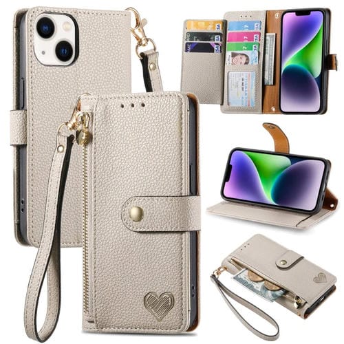 Para iPhone 15 Love Zipper Lanyard Funda de Cuero para Teléfono (Gris) - MOVILSTORE