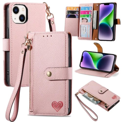 Para iPhone 15 Love Zipper Lanyard Funda de Cuero para Teléfono (Rosa) - MOVILSTORE